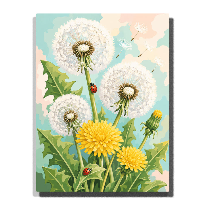Dandelion flowers with white seed heads, yellow blooms, green leaves, ladybugs and botanical plant artwork Paint by Numbers by PaintEasy