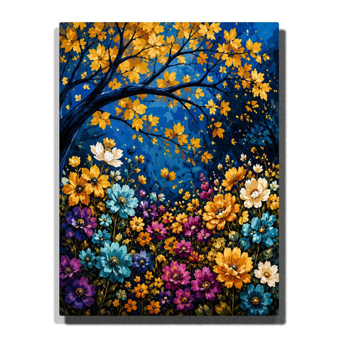Golden Blossom Tree Paint by Numbers For Adults featuring dark sweeping branches above yellow, turquoise, purple, blue and white wildflowers on deep blue background