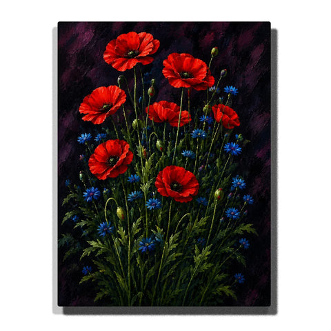 Scarlet Poppies Paint by Numbers For Adults featuring vivid red poppy flowers, small blue wildflowers, green buds and foliage against a dark black plum background