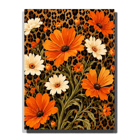 Orange Cosmos Flowers Paint by Numbers For Adults featuring bright orange blossoms, white daisies, green foliage and bold caramel black leopard print background