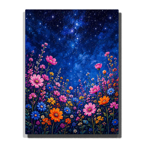 Starry Wildflower Meadow Paint by Numbers For Adults featuring pink, orange and blue flowers beneath a deep cobalt night sky filled with glowing stars