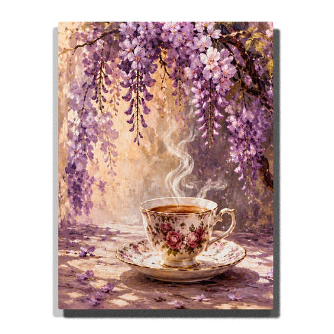 Steaming Floral Teacup Paint by Numbers For Adults featuring vintage rose porcelain cup and saucer beneath cascading purple wisteria in warm golden light