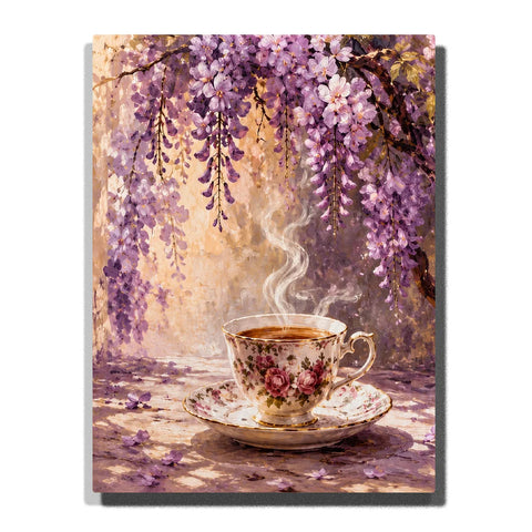 Steaming Floral Teacup Paint by Numbers For Adults featuring vintage rose porcelain cup and saucer beneath cascading purple wisteria in warm golden light