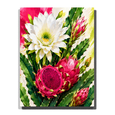 White Cactus Flower Paint by Numbers For Adults featuring large white blossom, vivid pink dragon fruit, flower buds and lush green cactus stems