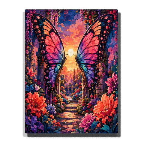Paint by numbers artwork featuring two vibrant pink, purple, and blue butterfly wings framing a glowing sunset garden path surrounded by colorful flowers and climbing vines.
