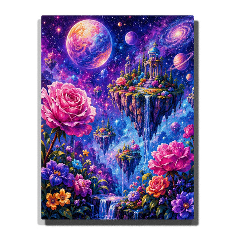 Celestial Flower Garden Paint by Numbers For Adults featuring giant pink roses, colorful flowers, floating waterfall palace, glowing planets and purple blue galaxy sky