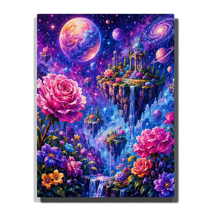 Celestial Flower Garden Paint by Numbers For Adults featuring giant pink roses, colorful flowers, floating waterfall palace, glowing planets and purple blue galaxy sky