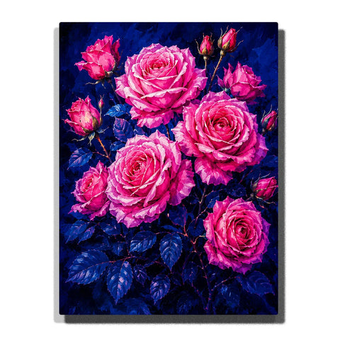 Vibrant Pink Roses Paint by Numbers For Adults featuring layered fuchsia and magenta rose blossoms, flower buds and dramatic deep blue leaves on navy background