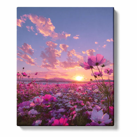 Flower Paint by Numbers For Adults featuring pink cosmos field beneath purple peach sunset with large blossoms, distant hills and glowing evening sky