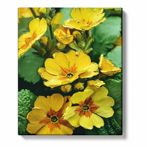Paint by Numbers Flowers For Adults featuring bright yellow primrose blossoms with orange centers, green leaves and flower buds in close-up botanical composition