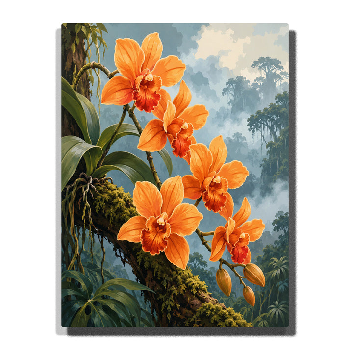 Orange orchid branch with tropical forest background, lush green leaves, moss-covered tree and botanical floral artwork Paint by Numbers by PaintEasy