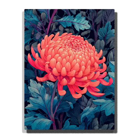 Paint by numbers vibrant coral chrysanthemum flower with layered petals, surrounded by deep teal and blue botanical leaves against a dark floral background.