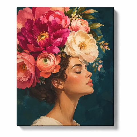 Paint by Numbers Woman For Adults featuring elegant female profile with oversized pink coral and cream floral crown against deep teal background