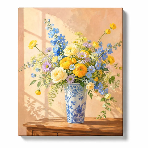 Paint by Numbers Flowers For Adults featuring yellow cream blue and lavender flower bouquet in blue and white porcelain vase with warm sunlight and window shadows