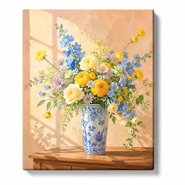 Paint by Numbers Flowers For Adults featuring yellow cream blue and lavender flower bouquet in blue and white porcelain vase with warm sunlight and window shadows