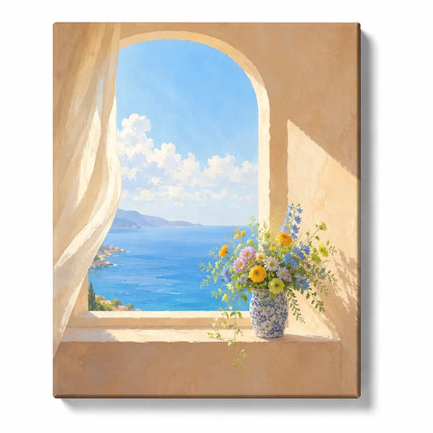 Landscape Paint by Numbers For Adults featuring Mediterranean arched window with blue ocean view, colorful flowers in ceramic vase and flowing cream curtain