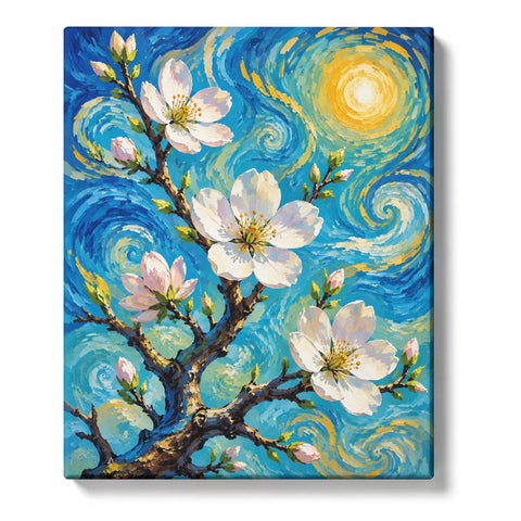 Van Gogh Almond Blossom Paint by Numbers For Adults featuring white flowering branches and pink buds against swirling blue turquoise and golden Starry Night inspired sky