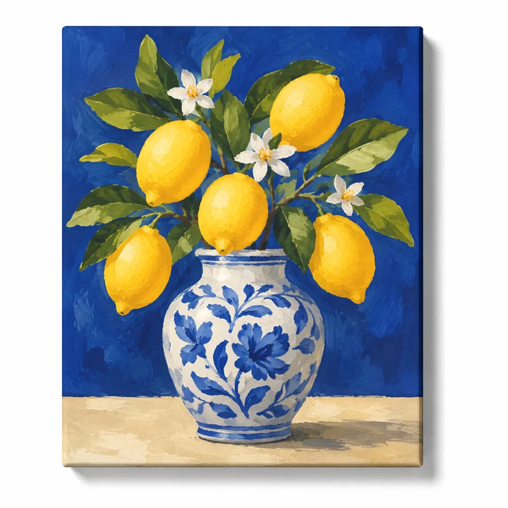 Lemon Branches in a Blue and White Vase artwork displayed on a white background