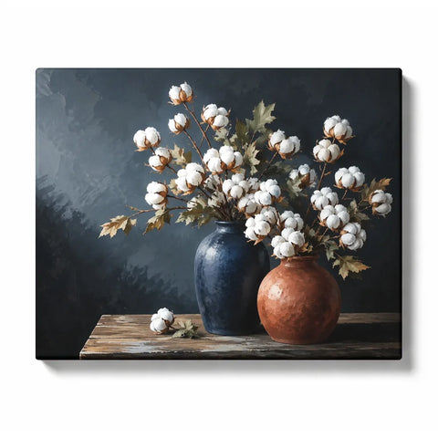 Cotton Flower Paint by Numbers For Adults featuring white cotton branches arranged in navy blue and terracotta ceramic vases on rustic wooden table with dark gray background