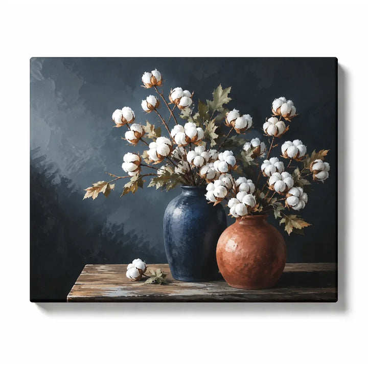 Cotton Flower Paint by Numbers For Adults featuring white cotton branches arranged in navy blue and terracotta ceramic vases on rustic wooden table with dark gray background
