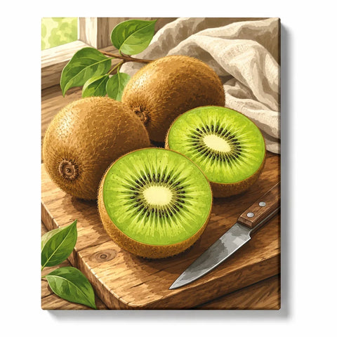 Kiwi paint by numbers kit with whole and sliced kiwi fruit, green leaves, wooden cutting board and kitchen knife