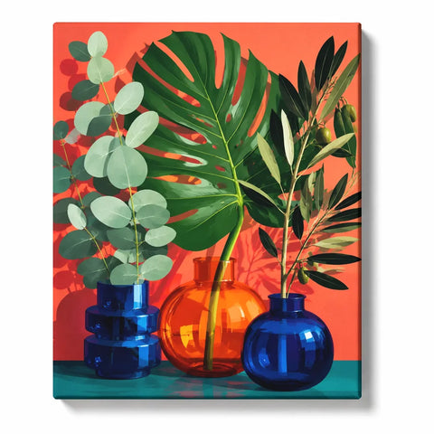 Tropical Leaves in Blue and Amber Glass Vases artwork displayed on a white background