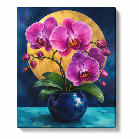 Orchid Paint by Numbers For Adults featuring vibrant pink and purple orchids with buds and green leaves in glossy blue vase against golden moon and dark blue background