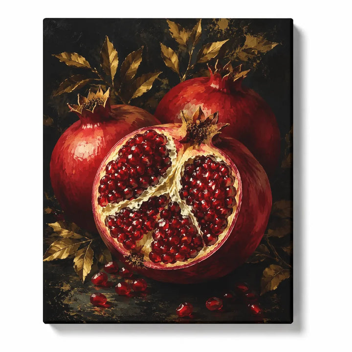Pomegranates with Golden Leaves on a Dark Table artwork displayed on a white background
