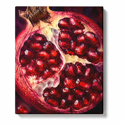 Close Study of Ruby Pomegranate Seeds artwork displayed on a white background