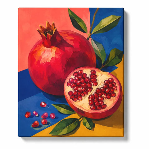 Pomegranates against Red Blue and Yellow Blocks artwork displayed on a white background