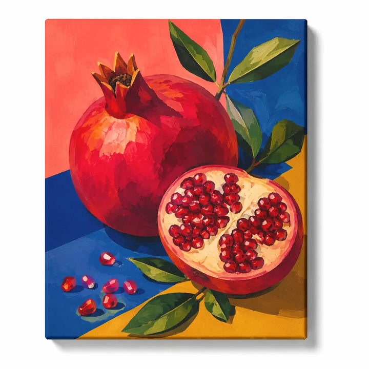 Pomegranates against Red Blue and Yellow Blocks artwork displayed on a white background