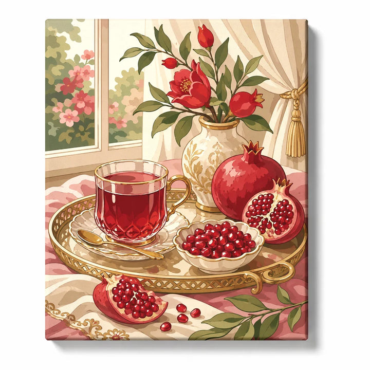 Pomegranate Tea on a Brass Tray by the Window artwork displayed on a white background