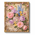 Vintage Paint by Numbers For Adults featuring pink and purple roses around lavender perfume bottle with pearls, lace, handwritten letters and ornate gold frame