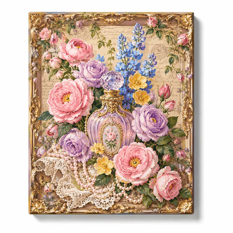Vintage Paint by Numbers For Adults featuring pink and purple roses around lavender perfume bottle with pearls, lace, handwritten letters and ornate gold frame
