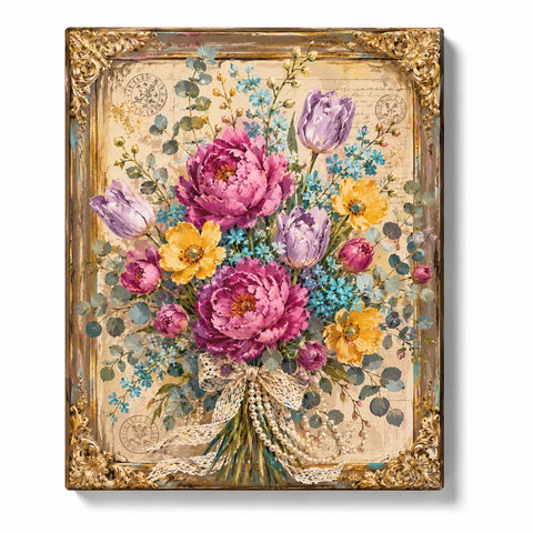 Vintage Flower Bouquet Paint by Numbers For Adults featuring pink peonies, lavender tulips, yellow flowers, blue blossoms, eucalyptus leaves and ornate gold frame