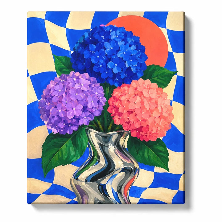 Hydrangea Paint by Numbers For Adults featuring blue purple and coral hydrangeas in reflective silver vase with blue cream wavy checkerboard background