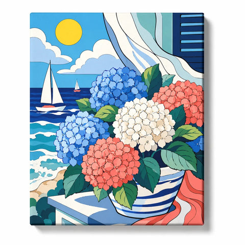 Hydrangea Paint by Numbers For Adults featuring coastal terrace with blue pots, colorful hydrangeas, Mediterranean sea view, sailboats and summer sky