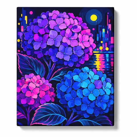 Hydrangea Paint by Numbers For Adults featuring neon blue purple and pink hydrangeas with yellow moon, colorful city lights and water reflections