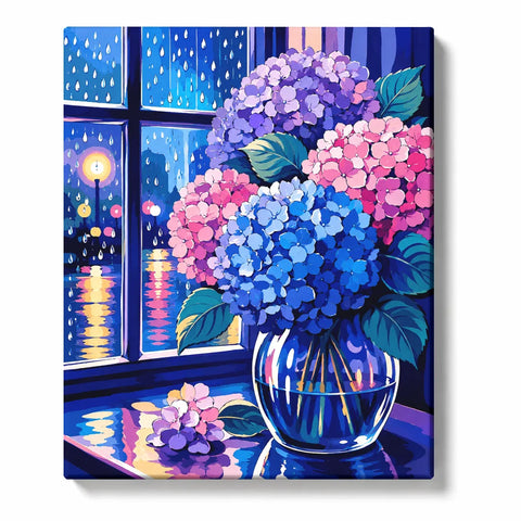 Hydrangea Paint by Numbers For Adults featuring blue purple and pink hydrangeas in glass vase beside rainy night window with glowing reflections