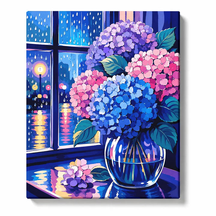 Hydrangea Paint by Numbers For Adults featuring blue purple and pink hydrangeas in glass vase beside rainy night window with glowing reflections