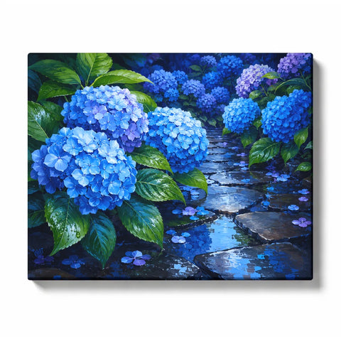 Hydrangea Paint by Numbers For Adults featuring blue hydrangea garden with wet stone path, water reflections, lush green leaves and blooming flowers