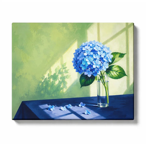 Hydrangea Paint by Numbers For Adults featuring blue hydrangea bouquet in clear glass vase with green leaves, window sunlight and shadows