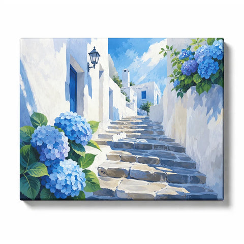 Hydrangea Paint by Numbers For Adults featuring blue hydrangeas along white Mediterranean village path with stone steps, blue doors and green foliage