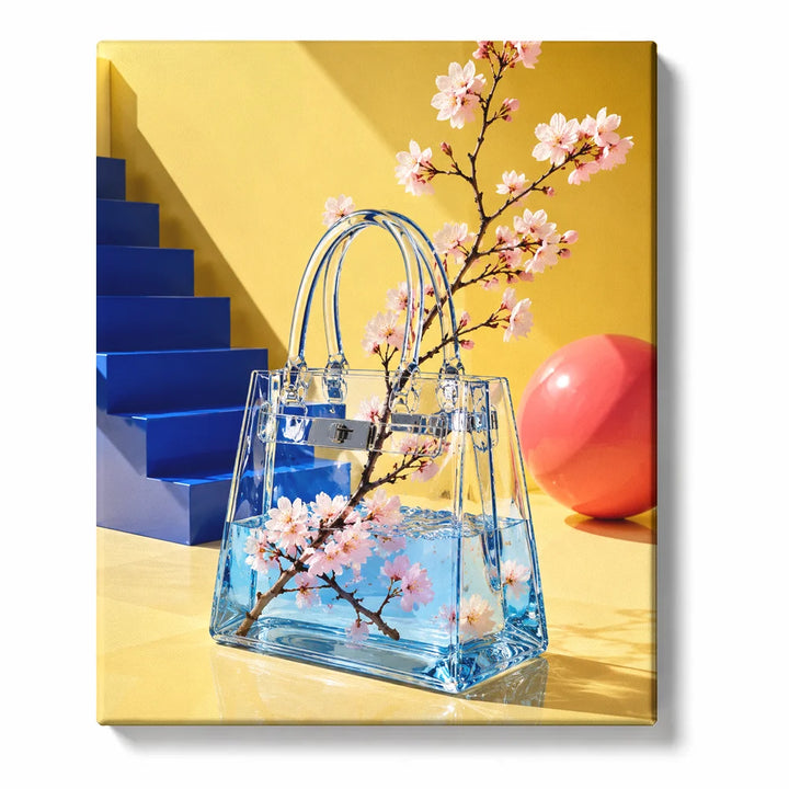 Cherry Blossoms in a Glass Handbag Vase artwork displayed on a white background