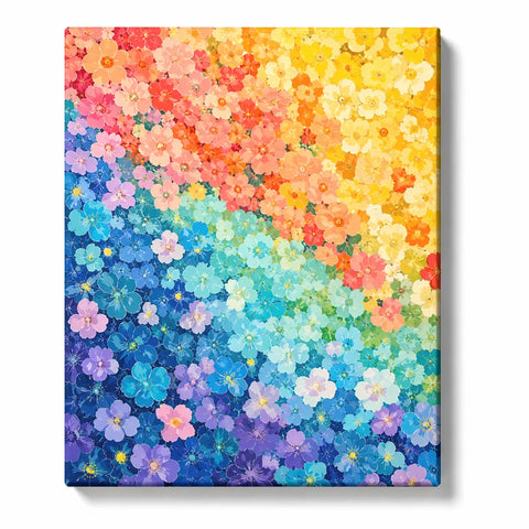 Colorful Paint by Numbers For Adults featuring hundreds of rainbow flowers transitioning from yellow and coral to turquoise blue and purple in abstract floral design