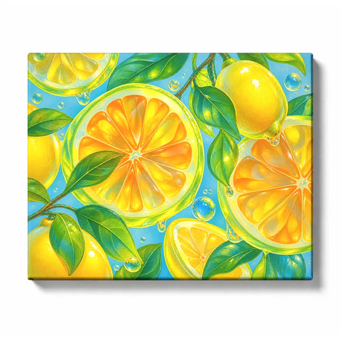 Lemon Slices and Green Leaves in Sparkling Blue artwork displayed on a white background