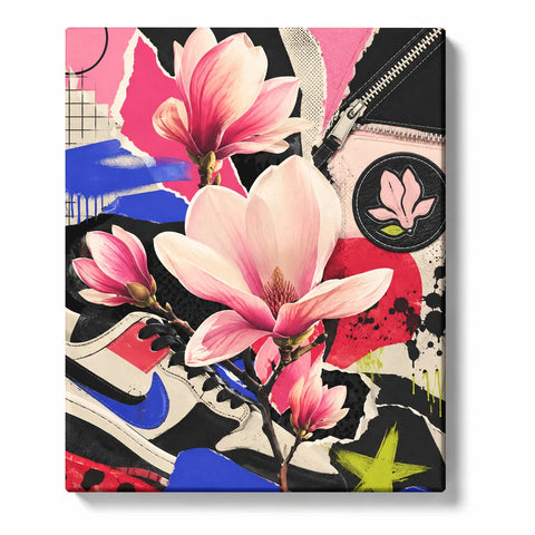 Magnolia Paint by Numbers For Adults featuring pink magnolia flowers with modern abstract collage background, sneakers, zipper details and bold street fashion colors