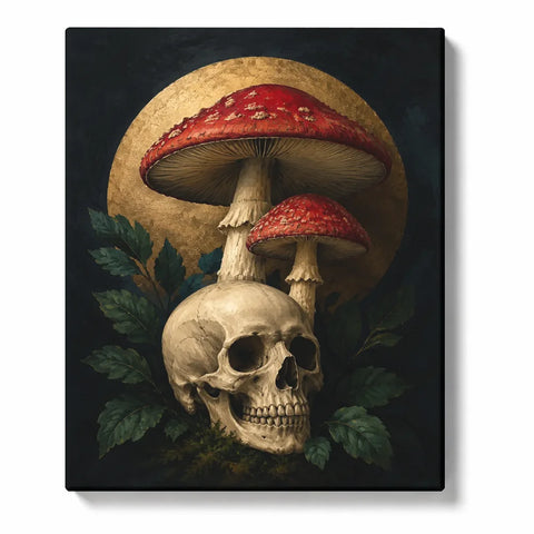 Red Mushrooms above a Skull and Golden Disc artwork displayed on a white background