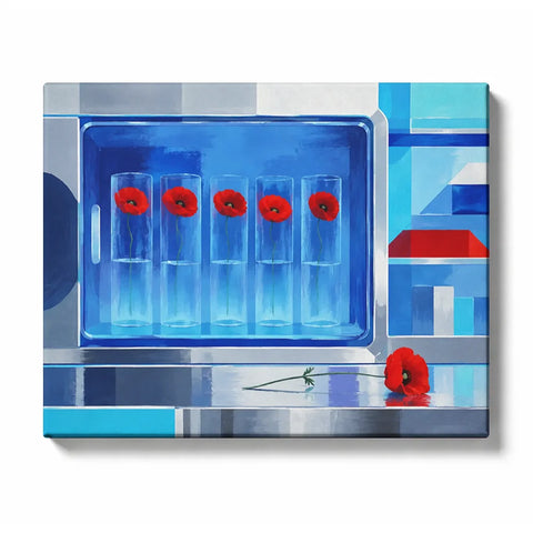 Five Poppies in Slender Glasses inside a Blue Alcove artwork displayed on a white background