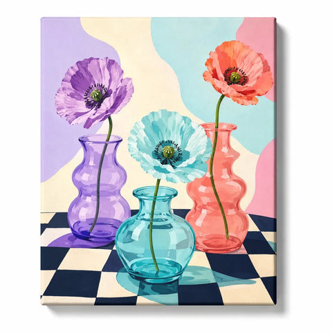 Poppy Paint by Numbers For Beginners featuring purple turquoise and coral flowers in colorful glass vases with pastel abstract background and checkerboard table